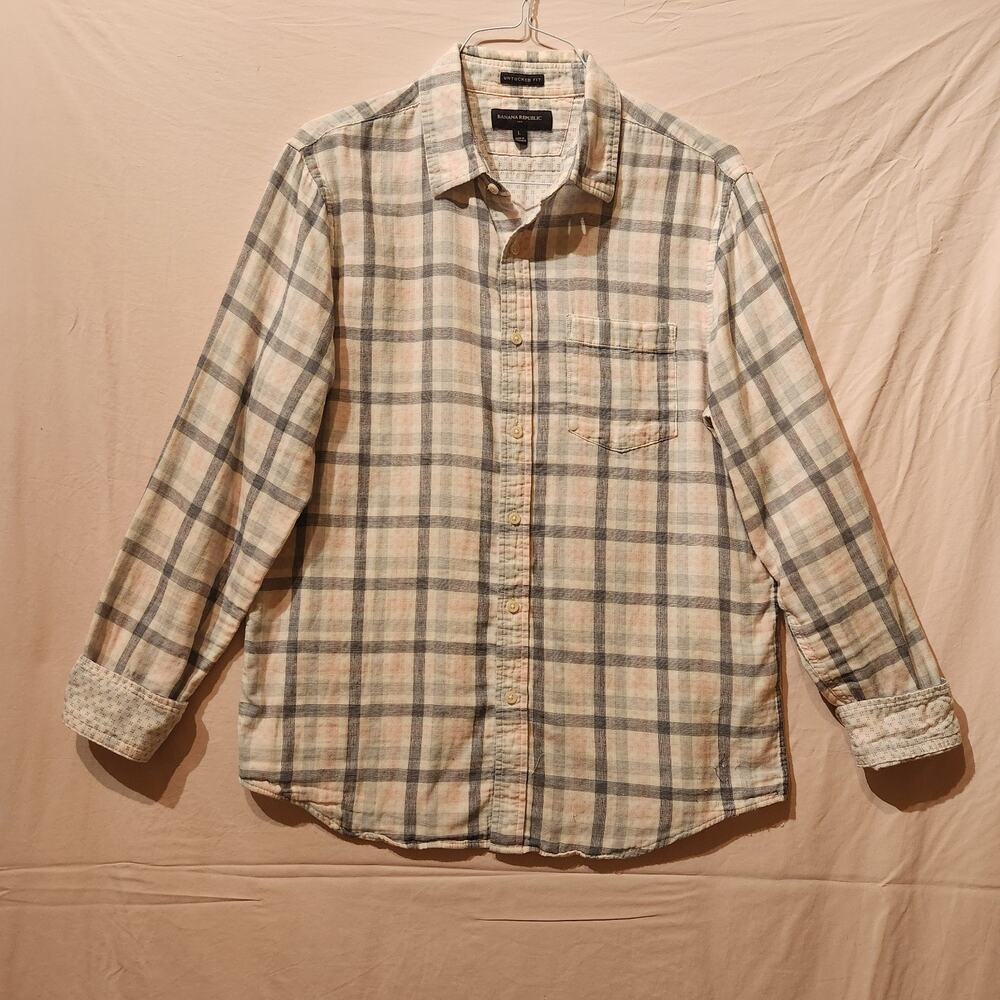 Banana Republic Shirt Mens Large Grey Pink Plaid Preppy Long Sleeve Button Up